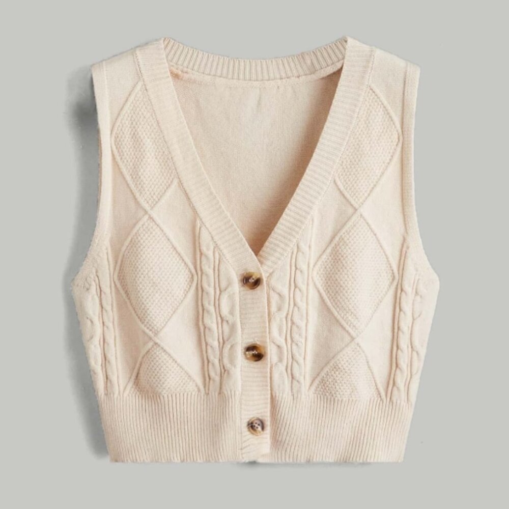 ❤️ Cream Cable Knit Button Front Sweater Vest | Cottagecore Academia